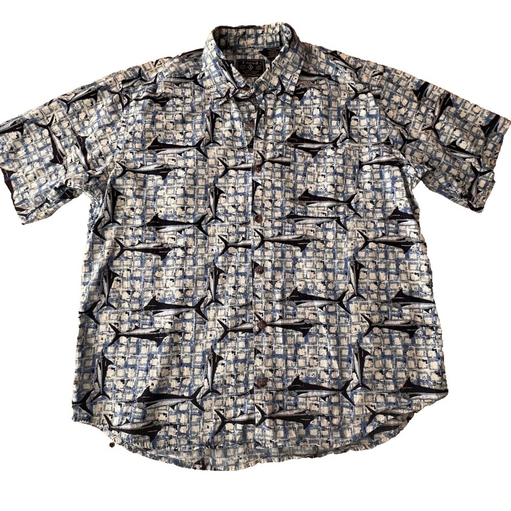 Fiend Mens Marlin Fish Print Button Down Shirt XL Blue White Summer Beach Event